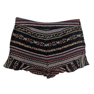 Loft Black Boho Multi Floral Striped Ruffled Hem Shorts Women's Size 6